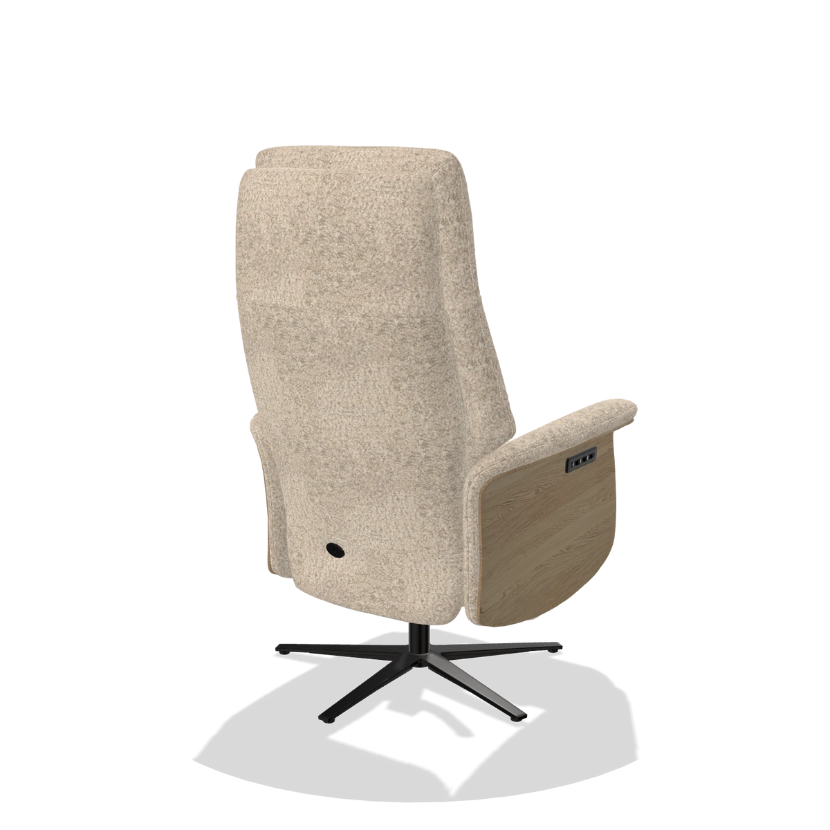 Recliner Atlas 6685 in Venga 214 fabric (light grey), natural wood side panels, black metal base, back angled view