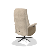 Recliner Atlas 6685 in Venga 214 fabric (light grey), natural wood side panels, black metal base, back angled view