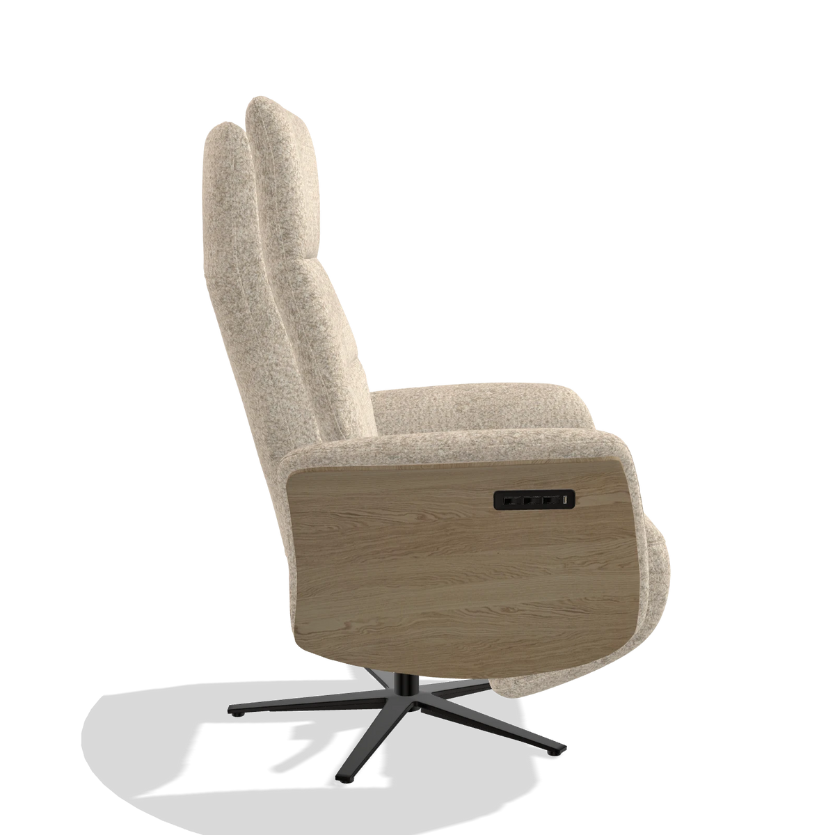 Recliner Atlas 6685 in Venga 214 fabric (light grey), natural wood side panels, black metal base, side view
