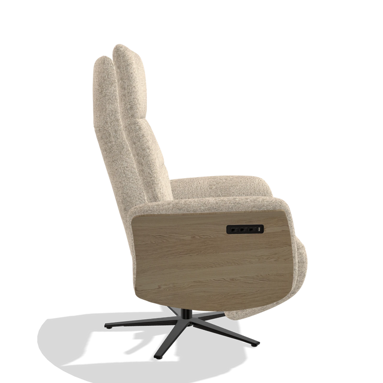 Recliner Atlas 6685 in Venga 214 fabric (light grey), natural wood side panels, black metal base, side view