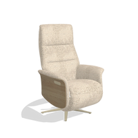 Recliner Atlas 6685 in Venga 214 fabric (light grey), natural wood side panels, champagne metal base, angled view