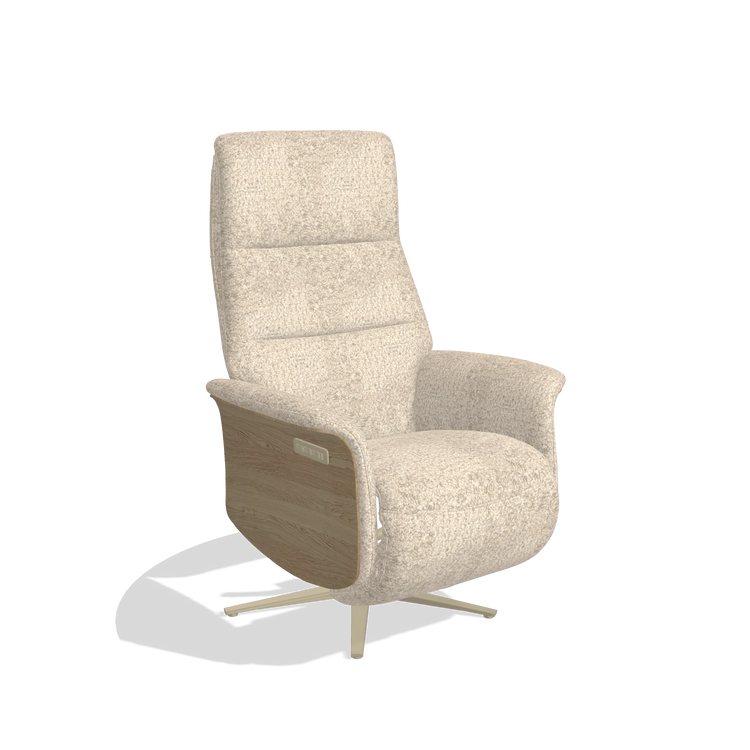 Recliner Atlas 6685 in Venga 214 fabric (light grey), natural wood side panels, champagne metal base, angled view
