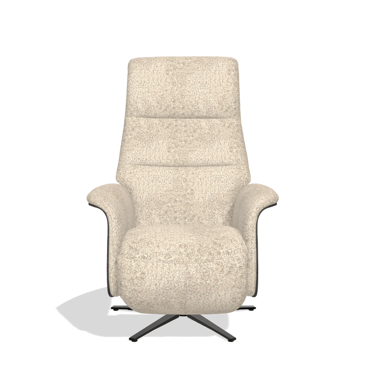 Recliner Atlas 6685 in Venga 214 fabric (light grey), tobacco wood side panels, black metal base, front view