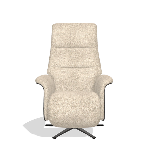 Sillón reclinable Atlas 6685 en tela Venga 214 (gris claro), paneles laterales de madera en tabaco, base metálica en negro, vista frontal