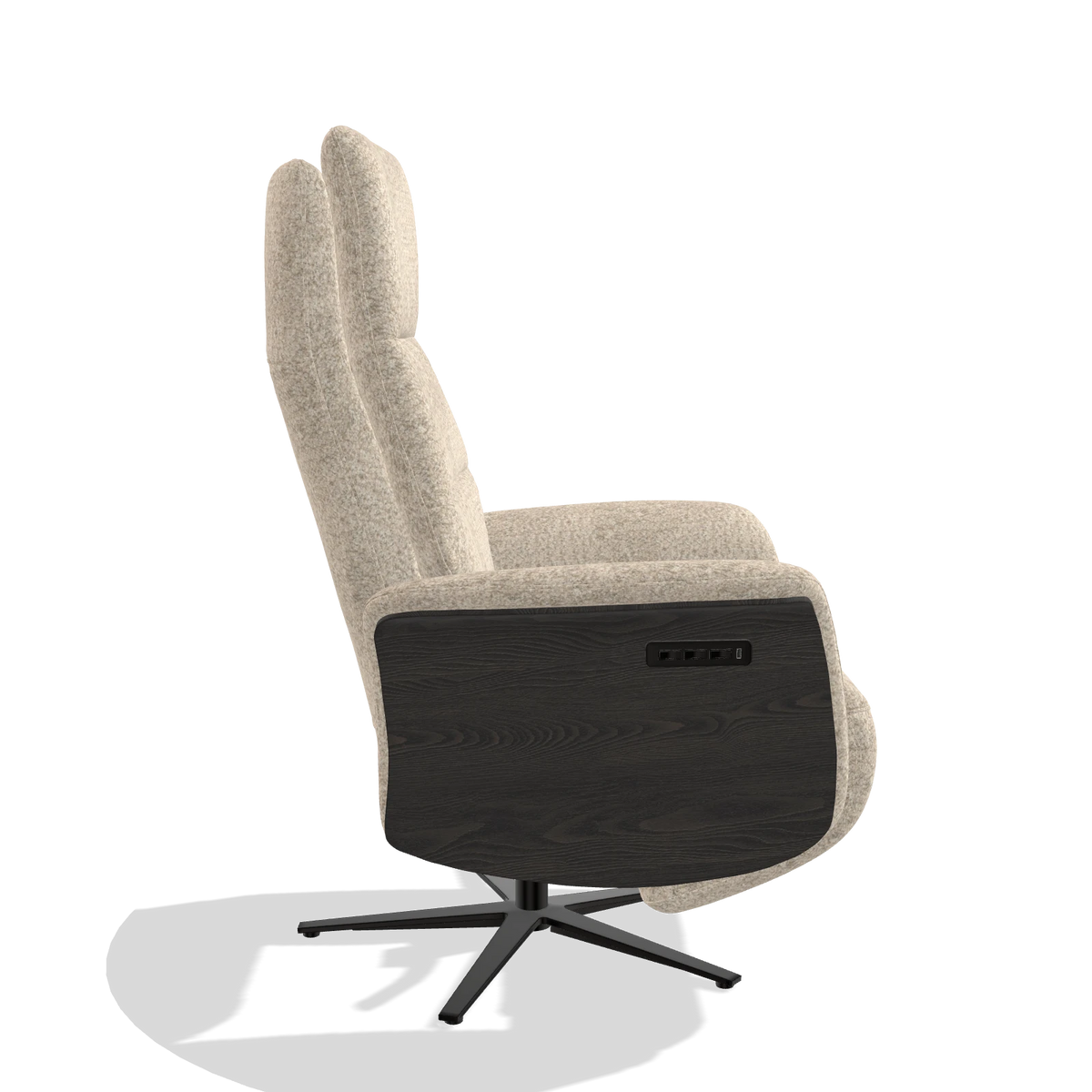 Recliner Atlas 6685 in Venga 214 fabric (light grey), tobacco wood side panels, black metal base, side view