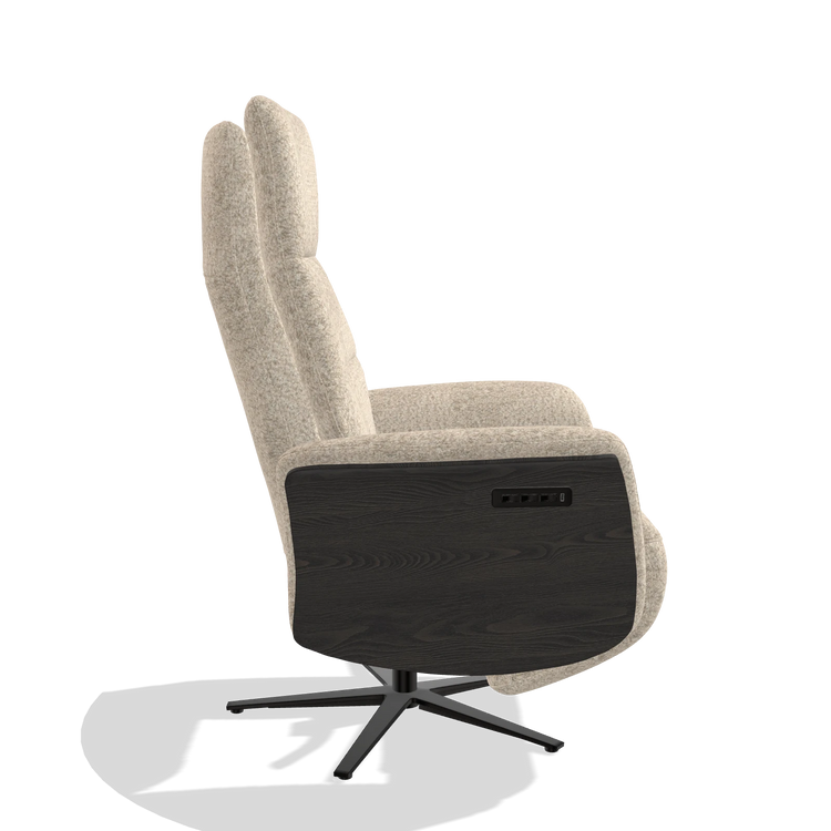 Recliner Atlas 6685 in Venga 214 fabric (light grey), tobacco wood side panels, black metal base, side view