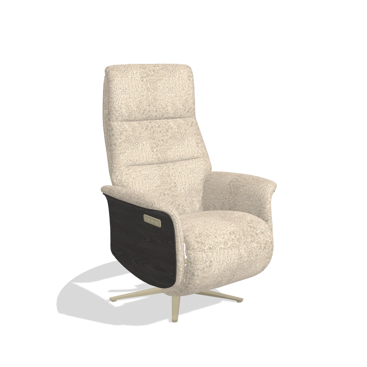 Recliner Atlas 6685 in Venga 214 fabric (light grey), tobacco wood side panels, champagne metal base, angled view