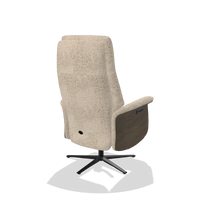 Recliner Atlas 6685 in Venga 214 fabric (light grey), walnut wood side panels, black metal base, back angled view