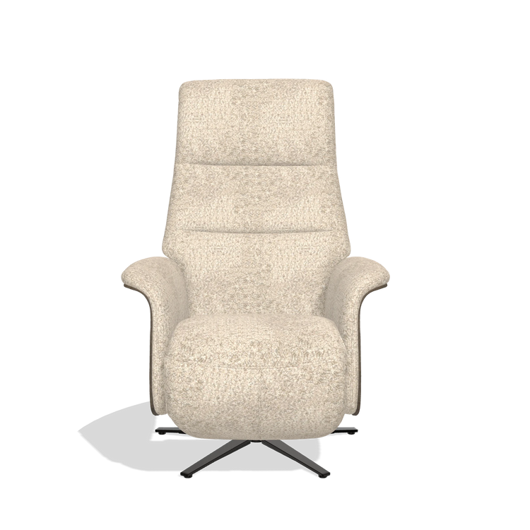 Recliner Atlas 6685 in Venga 214 fabric (light grey), walnut wood side panels, black metal base, front view