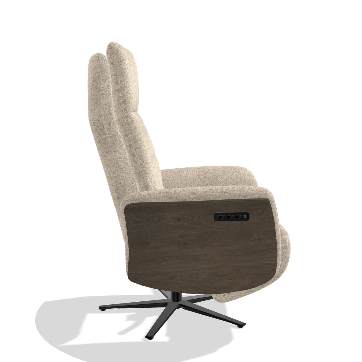 Recliner Atlas 6685 in Venga 214 fabric (light grey), walnut wood side panels, black metal base, side view