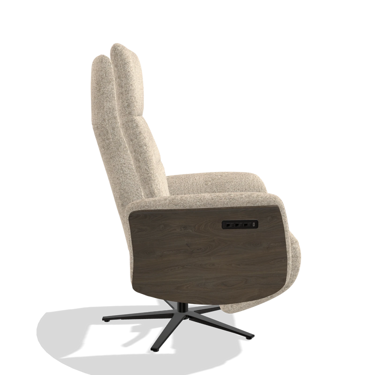 Recliner Atlas 6685 in Venga 214 fabric (light grey), walnut wood side panels, black metal base, side view