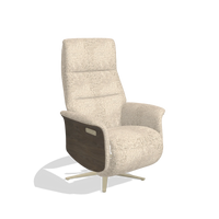 Recliner Atlas 6685 in Venga 214 fabric (light grey), walnut wood side panels, champagne metal base, angled view