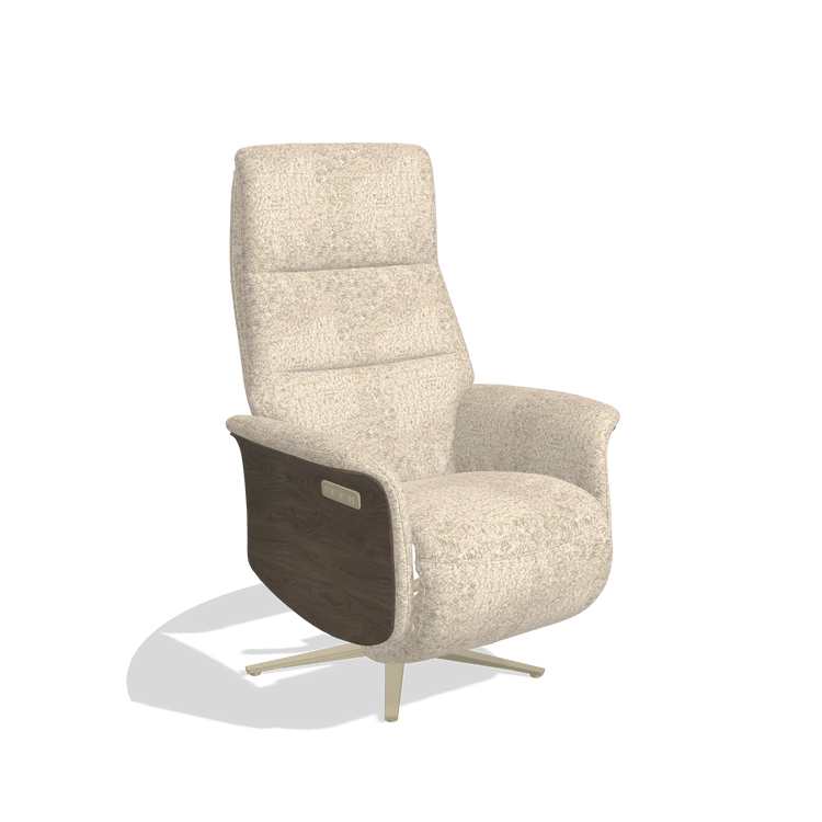 Recliner Atlas 6685 in Venga 214 fabric (light grey), walnut wood side panels, champagne metal base, angled view