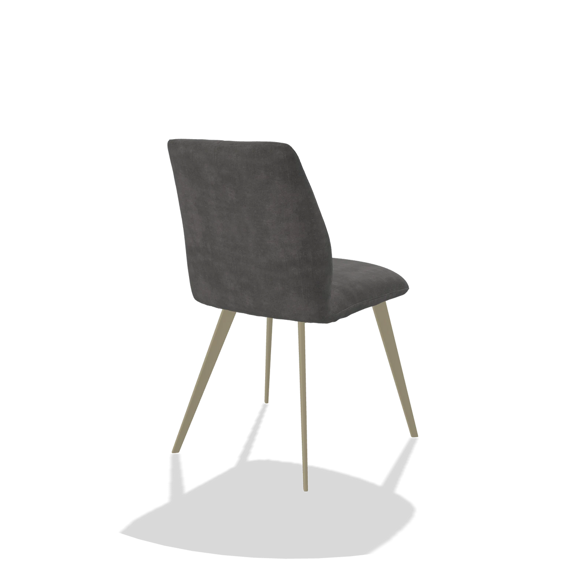 Silla de comedor sin reposabrazos Bari 6405 en tela Adore 68 (gris oscuro), patas en champán, vista trasera en ángulo