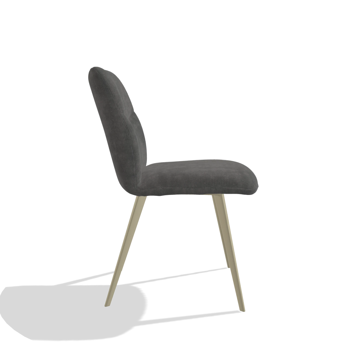 Silla de comedor sin reposabrazos Bari 6405 en tela Adore 68 (gris oscuro), patas en champán, vista lateral