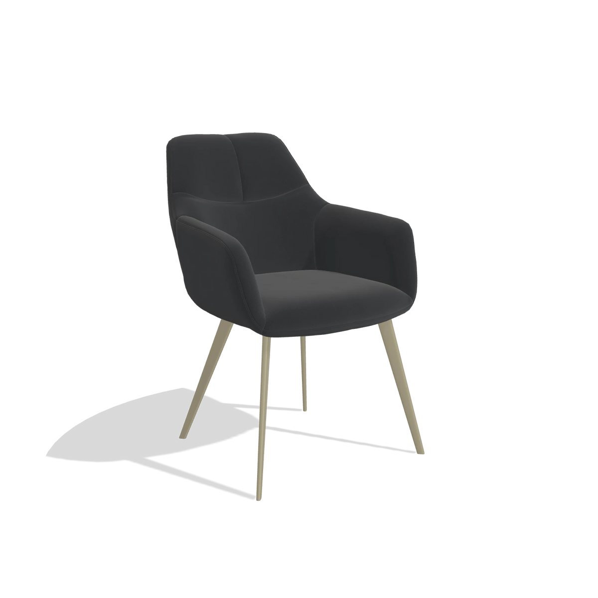 Silla de comedor Bari 6405 en Piel B500 (negro), patas en champán, vista en ángulo