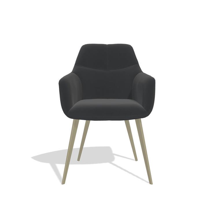 Silla de comedor Bari 6405 en Piel B500 (negro), patas en champán, vista frontal