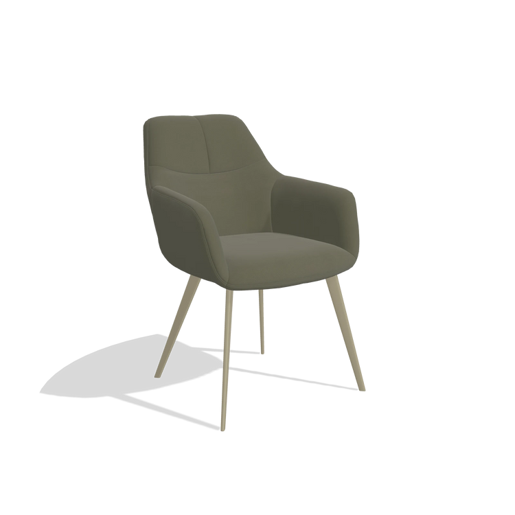Sedia da pranzo Bari 6405 in Pelle B572 (oliva), gambe in champagne, vista angolata