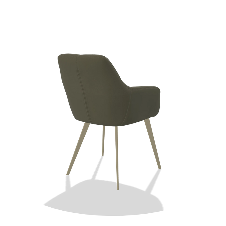 Sedia da pranzo Bari 6405 in Pelle B572 (oliva), gambe in champagne, vista posteriore angolata