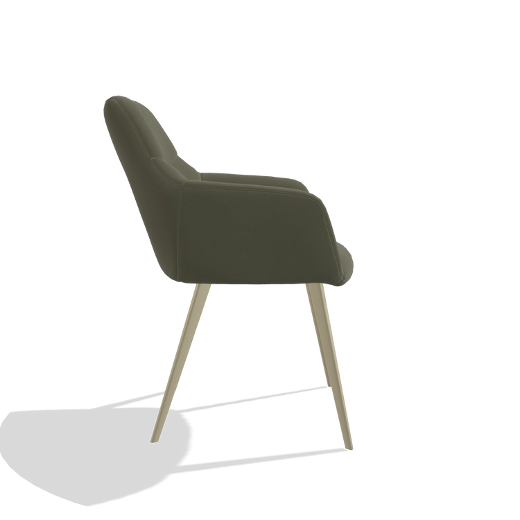 Sedia da pranzo Bari 6405 in Pelle B572 (oliva), gambe in champagne, vista laterale