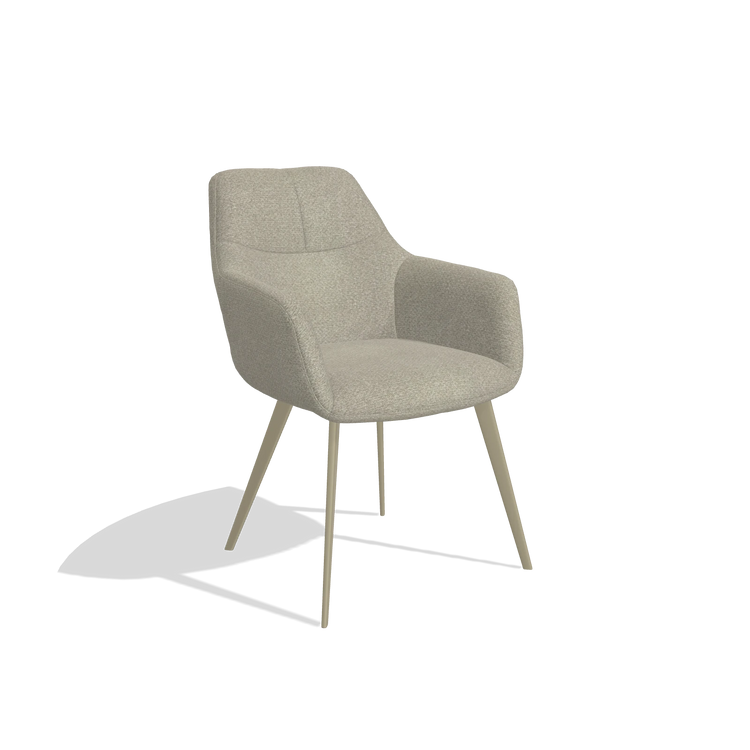 Silla de comedor Bari 6405 en tela Rhythm 05 (greige), patas en champán, vista en ángulo