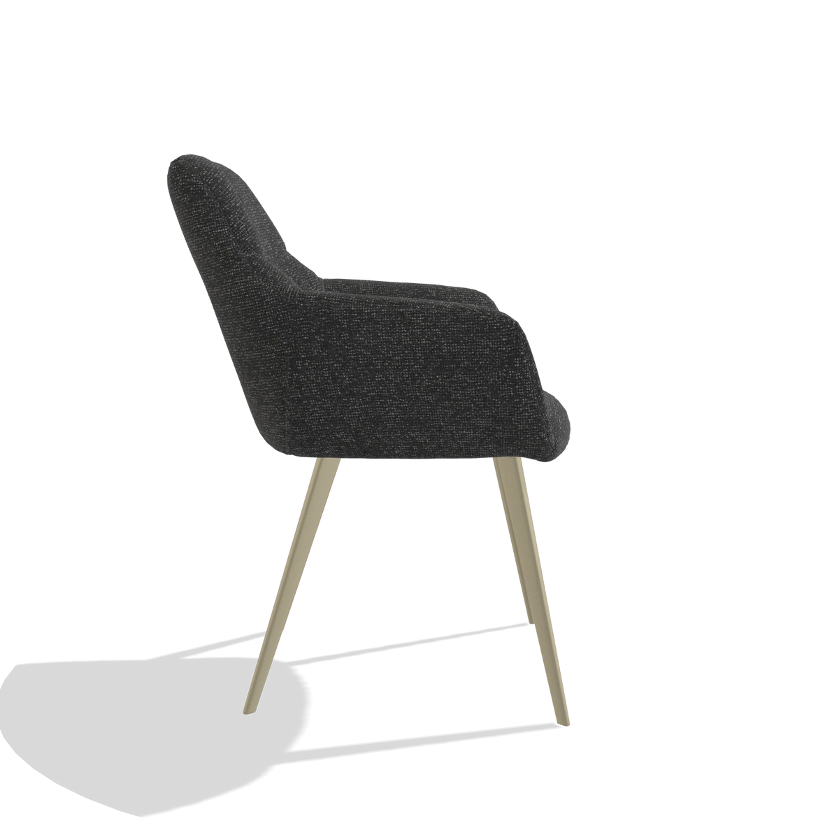 Silla de comedor Bari 6405 en tela Sneak 67 (negro), patas en champán, vista lateral