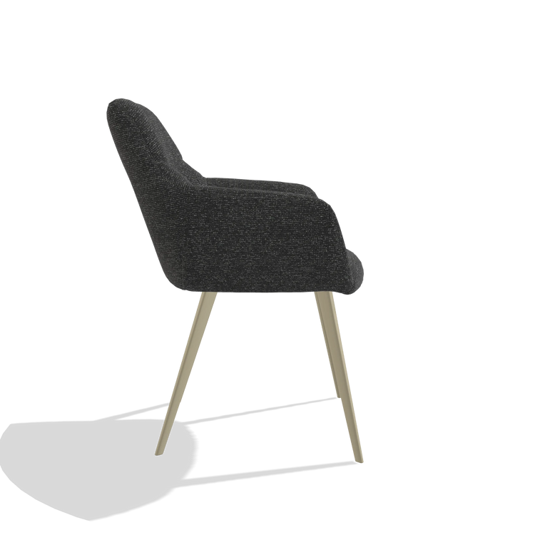 Silla de comedor Bari 6405 en tela Sneak 67 (negro), patas en champán, vista lateral