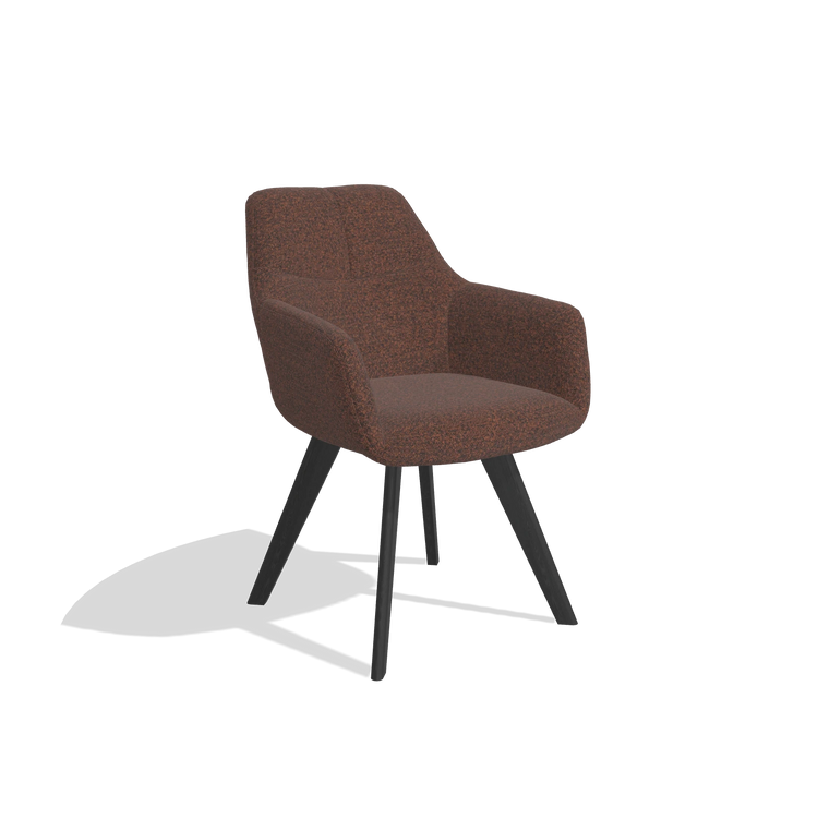 Silla de comedor con reposabrazos Basil 6624 en tela Ascot Brick (chocolate), patas en negro, vista en ángulo