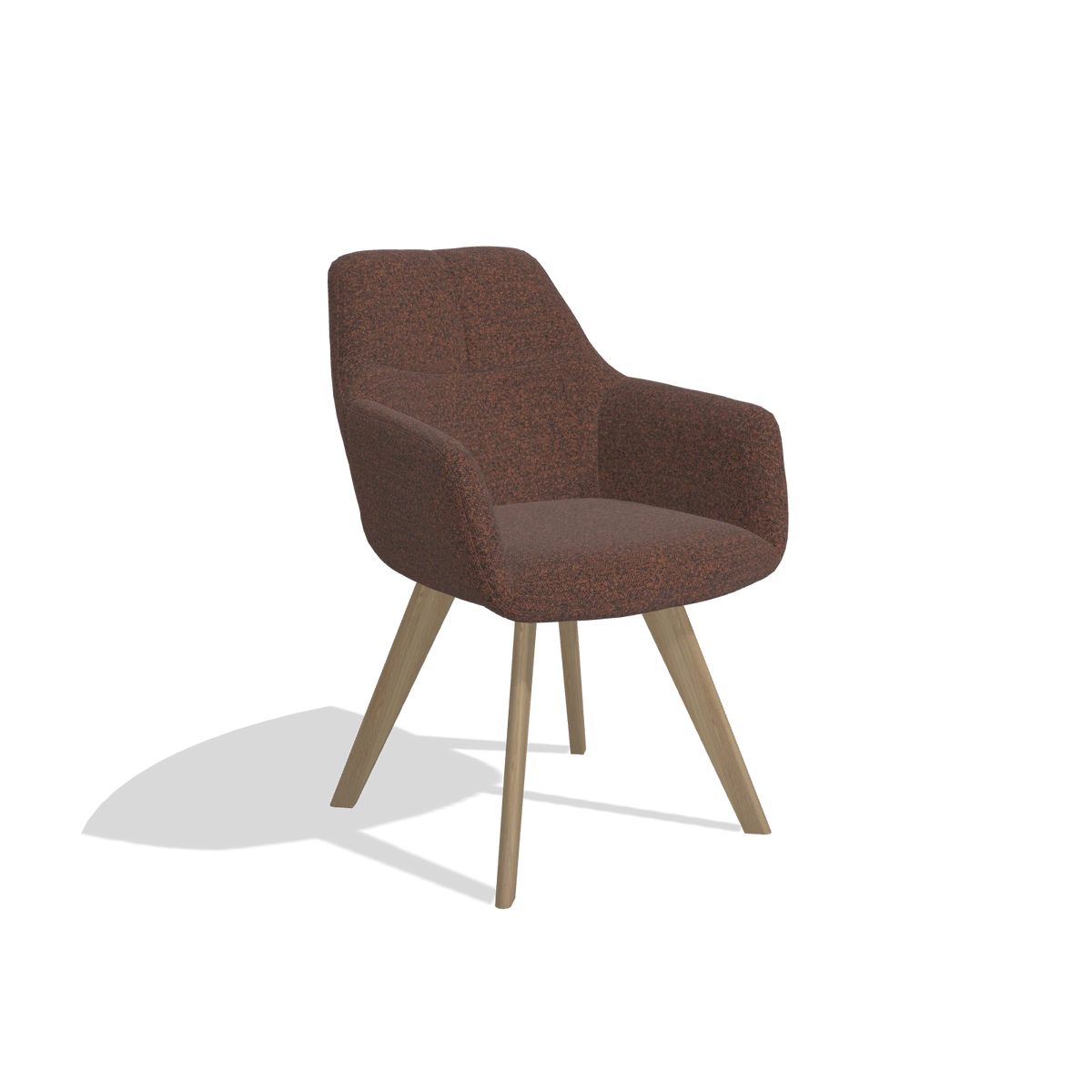 Silla de comedor con reposabrazos Basil 6624 en tela Ascot Brick (chocolate), patas en natural, vista en ángulo