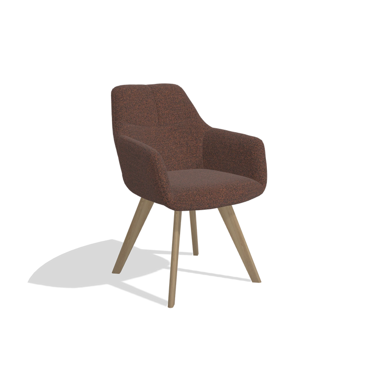 Silla de comedor con reposabrazos Basil 6624 en tela Ascot Brick (chocolate), patas en natural, vista en ángulo