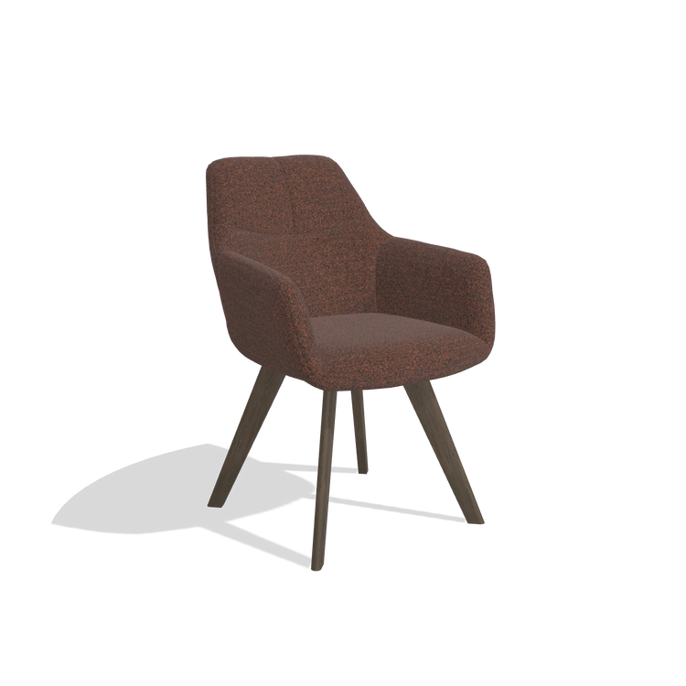 Silla de comedor con reposabrazos Basil 6624 en tela Ascot Brick (chocolate), patas en nogal, vista en ángulo