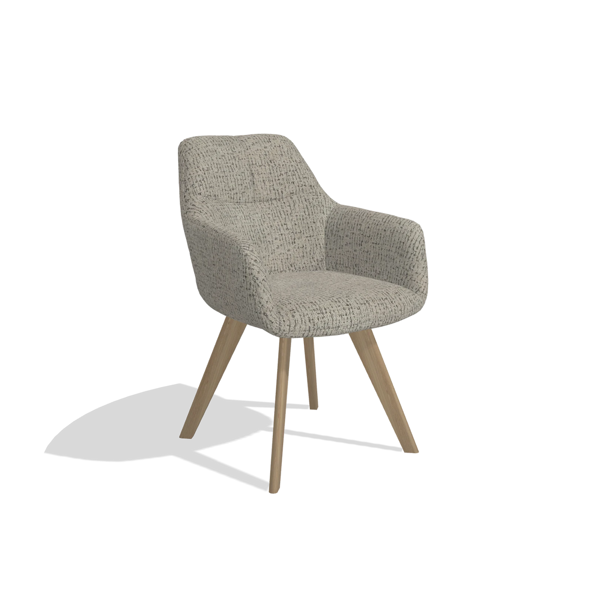 Silla de comedor con reposabrazos Basil 6624 en tela Horta 01 (gris), patas en natural, vista en ángulo