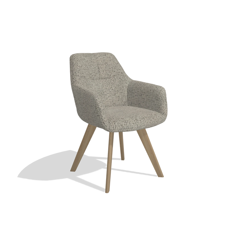 Silla de comedor con reposabrazos Basil 6624 en tela Horta 01 (gris), patas en natural, vista en ángulo