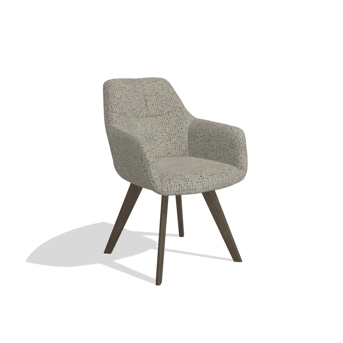 Silla de comedor con reposabrazos Basil 6624 en tela Horta 01 (gris), patas en nogal, vista en ángulo