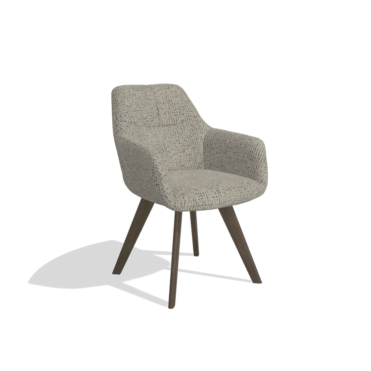 Silla de comedor con reposabrazos Basil 6624 en tela Horta 01 (gris), patas en nogal, vista en ángulo