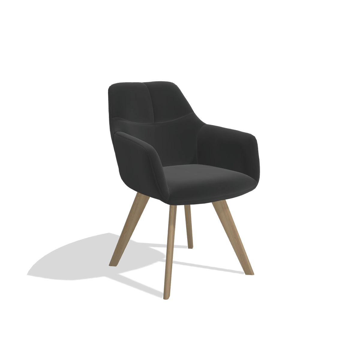 Chaise de salle à manger avec accoudoirs Basil 6624 en Cuir A804 (noir), pieds en naturel, vue de trois-quarts