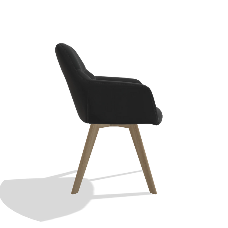 Chaise de salle à manger avec accoudoirs Basil 6624 en Cuir A804 (noir), pieds en naturel, vue de profil