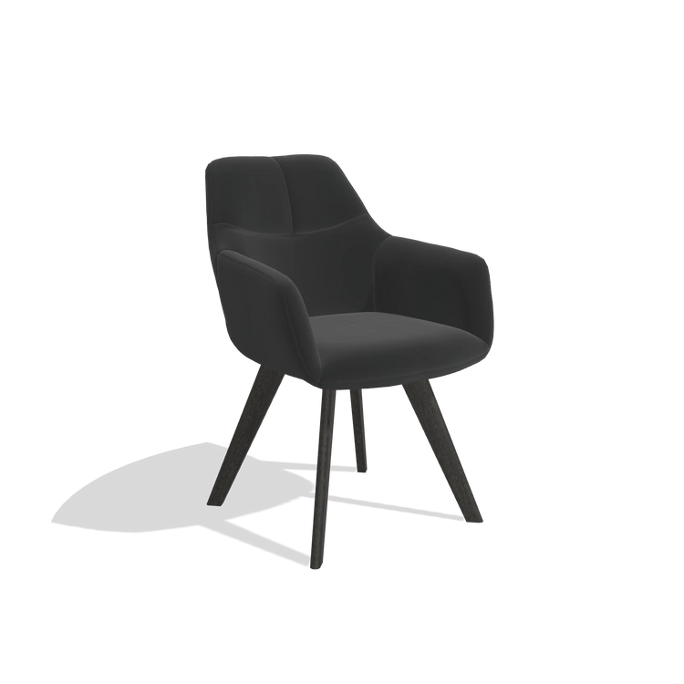 Chaise de salle à manger avec accoudoirs Basil 6624 en Cuir A804 (noir), pieds en tabac, vue de trois-quarts