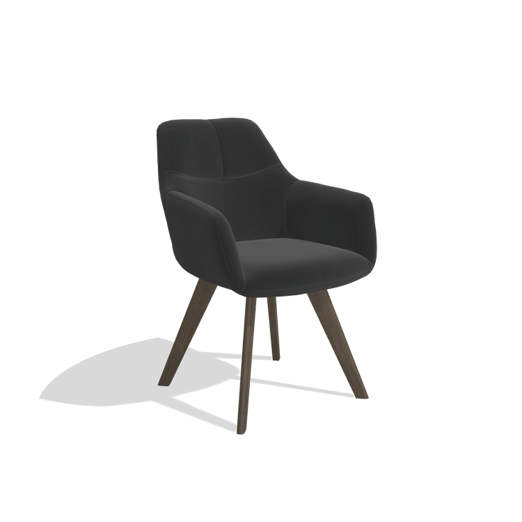 Chaise de salle à manger avec accoudoirs Basil 6624 en Cuir A804 (noir), pieds en noyer, vue de trois-quarts