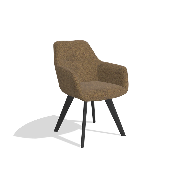 Silla de comedor con reposabrazos Basil 6624 en tela Mito 14 (marrón), patas en negro, vista en ángulo