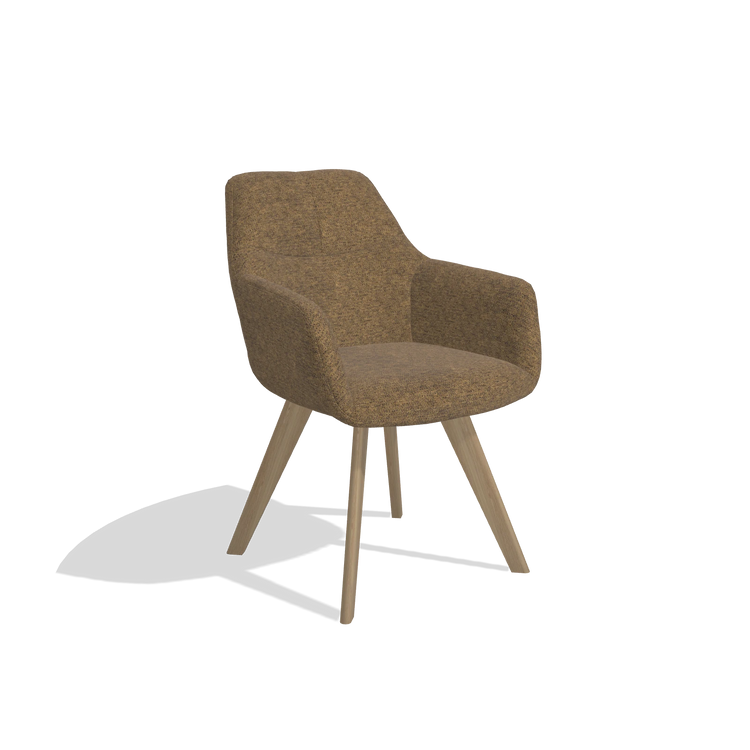 Silla de comedor con reposabrazos Basil 6624 en tela Mito 14 (marrón), patas en natural, vista en ángulo