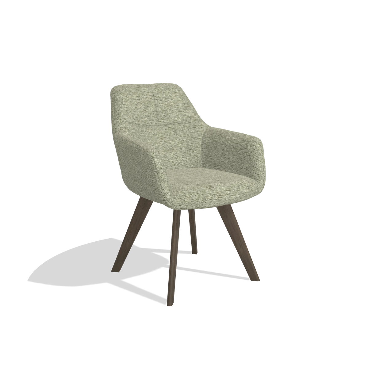 Chaise de salle à manger avec accoudoirs Basil 6624 en tissu Mito 55 (vert sauge), pieds en noyer, vue de trois-quarts