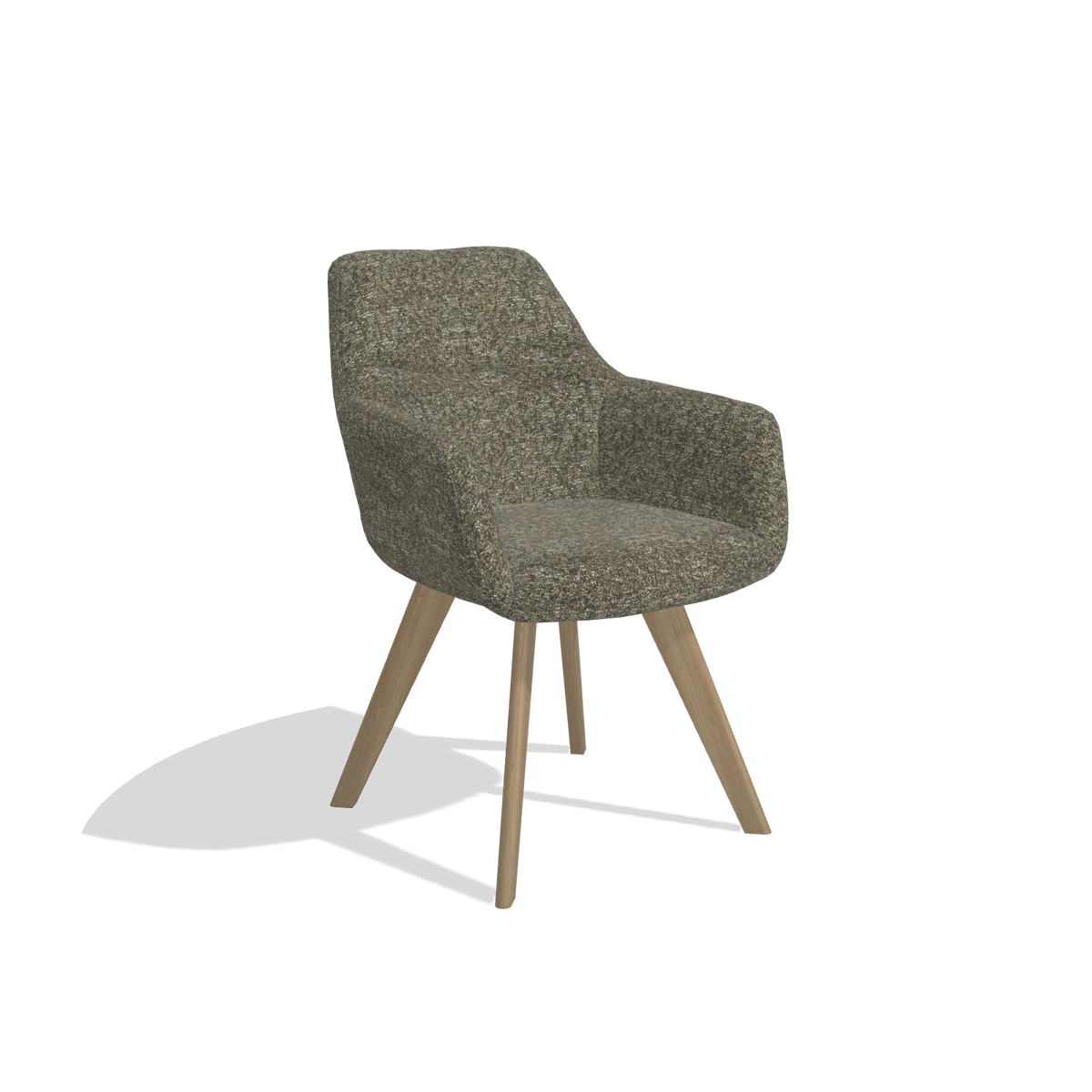 Silla de comedor con reposabrazos Basil 6624 en tela Oasis 88 (marrón), patas en natural, vista en ángulo