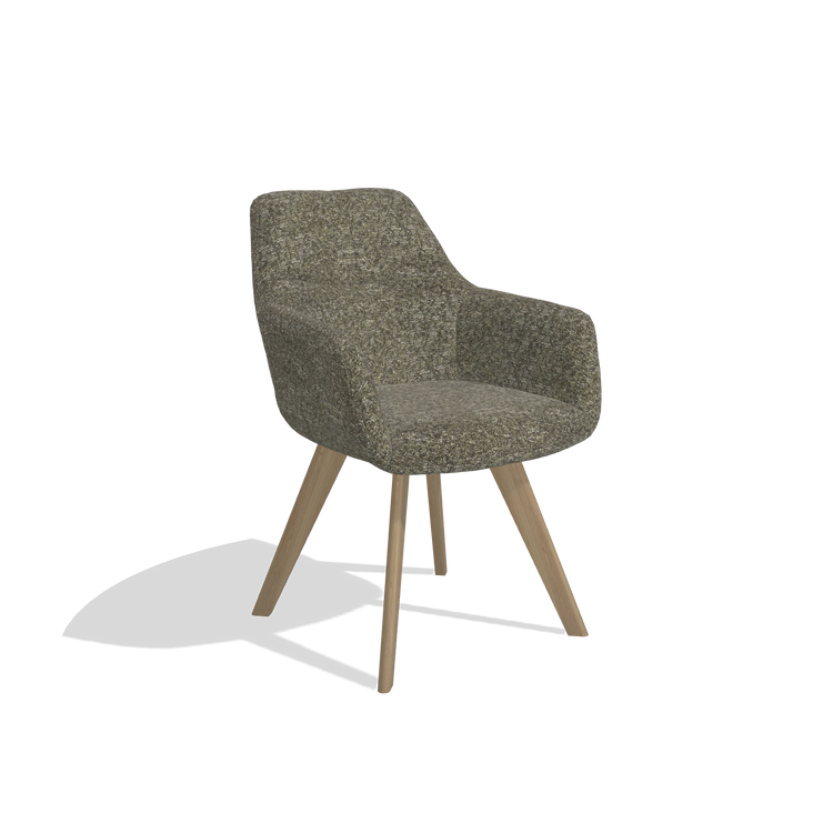 Silla de comedor con reposabrazos Basil 6624 en tela Oasis 88 (marrón), patas en natural, vista en ángulo