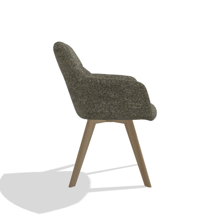 Silla de comedor con reposabrazos Basil 6624 en tela Oasis 88 (marrón), patas en natural, vista lateral