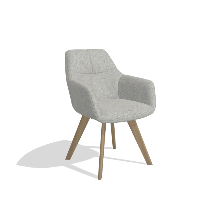 Sedia da pranzo con braccioli Basil 6624 in tessuto Sneak 05 (greige), gambe in naturale, vista angolata