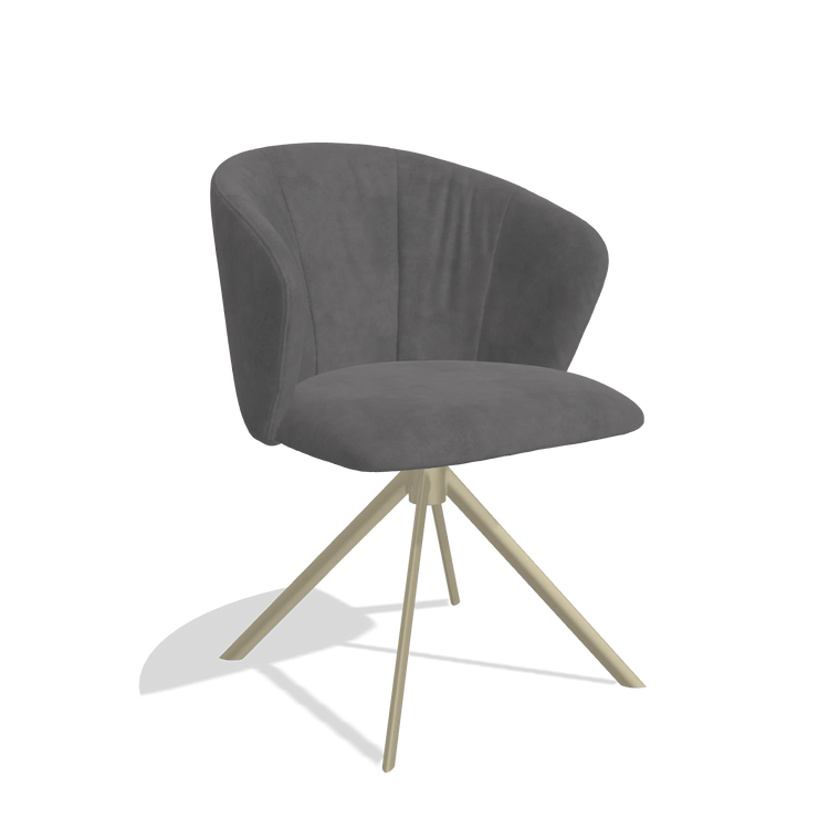 Silla de comedor Bolzano 6644 en tela Adore 180 (gris oscuro), base giratoria en champán, vista en ángulo