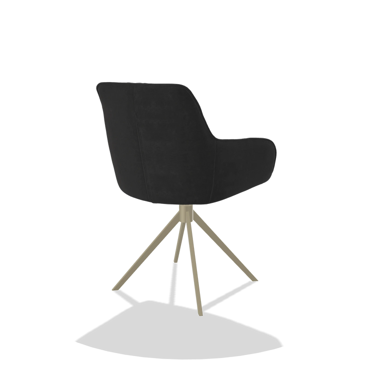 Sedia da pranzo Como 6450 in tessuto Adore 67 (nero), base girevole in champagne, vista posteriore angolata
