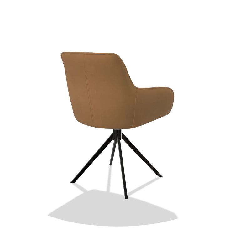 Sedia da pranzo Como 6450 in Pelle B947 (caramello), base girevole in nero, vista posteriore angolata
