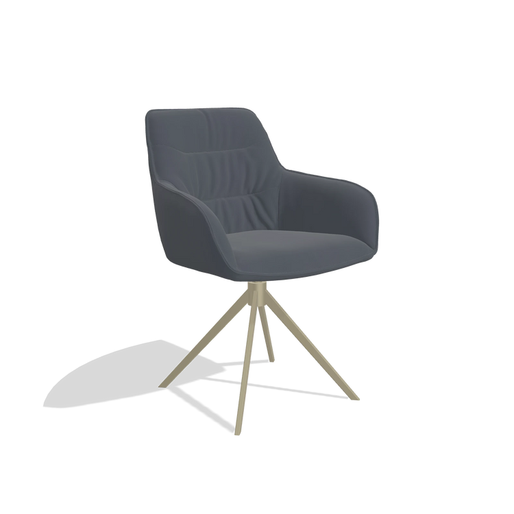 Chaise de salle à manger Como 6450 en Cuir B961 (gris foncé), pied pivotant en champagne, vue de trois-quarts